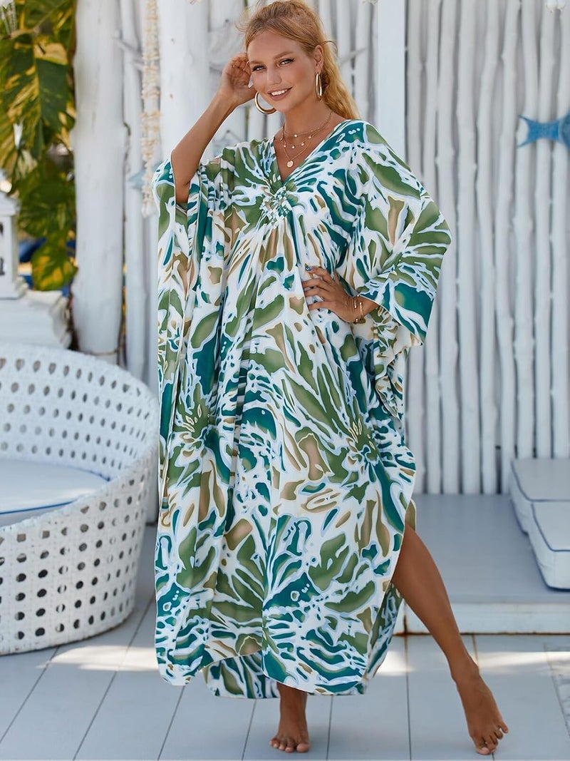 IMAGEKOPE Women's Plus Size Animal Print V-Neck Batwing Kaftan Beach Dress Bathing Suit Cover-Up Loungewear - Image 3